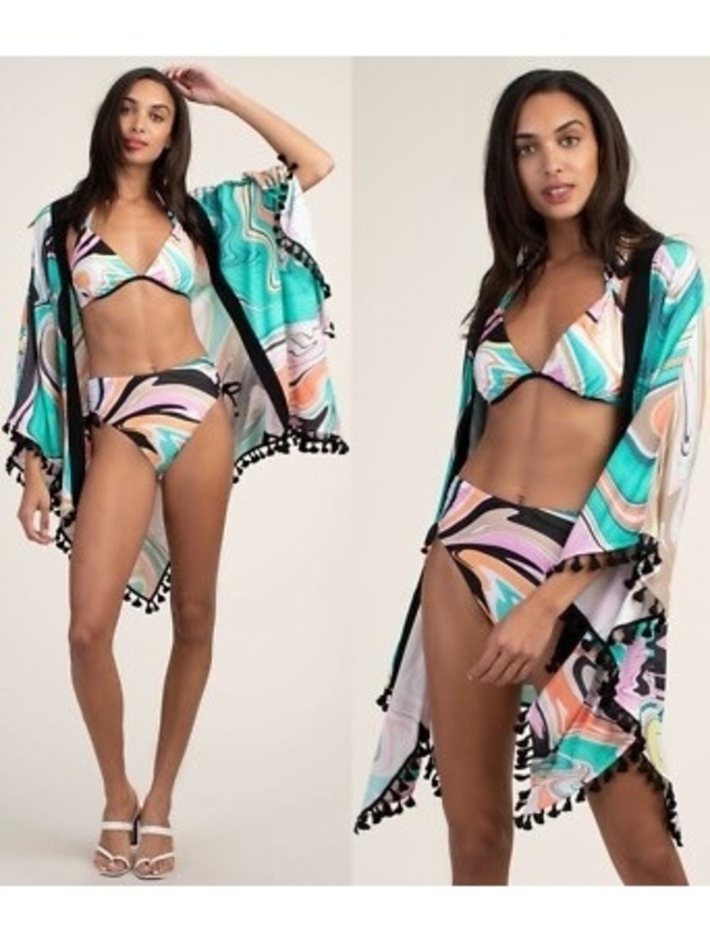Trina Turk Bikini Set Multi Abstract Halter Swim Top 4 Bottom 6 NWT